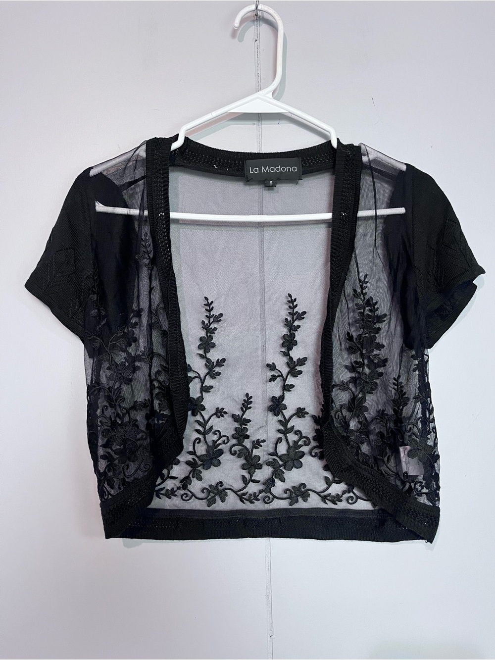 La Madonna Black Lace Floral Mesh Top — Size S